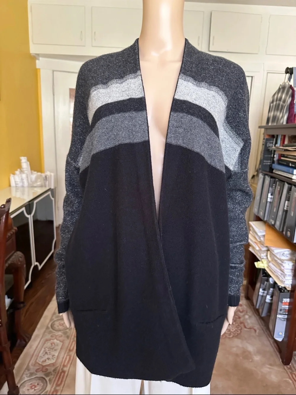 Vince Variegated Stripe Oversized Cardigan Black Gray Cashmere Blend Sweater S
